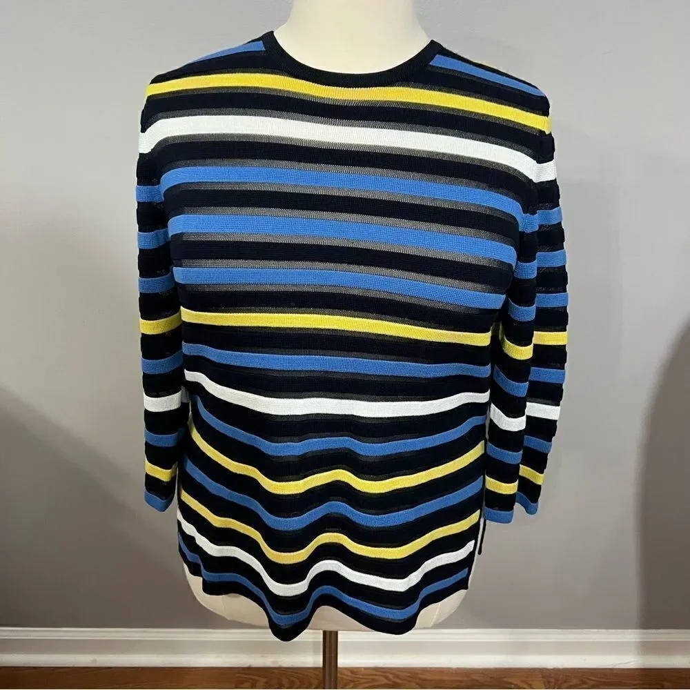 St. John Blue and Yellow Striped Knit Side Slit Sweater - L‎